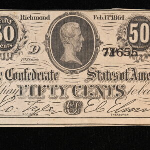 1864 Fifty Cents (50C) Confederate Note T72 Jefferson Davis CU+ 410O