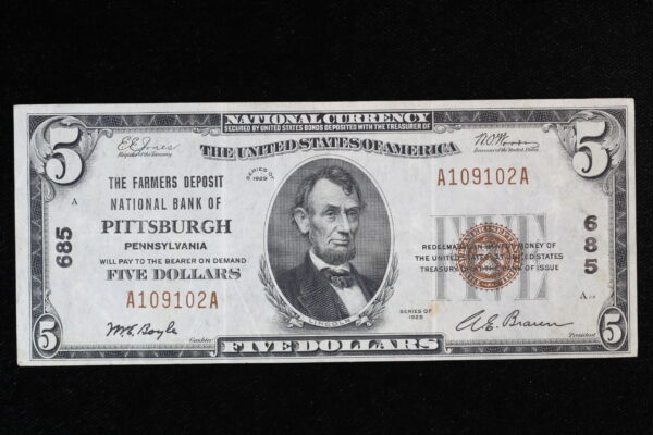 1929 $5 National T1 The Farmers Deposit of Pitts PA  #685 Fr. 1800-1 XF 4O6J