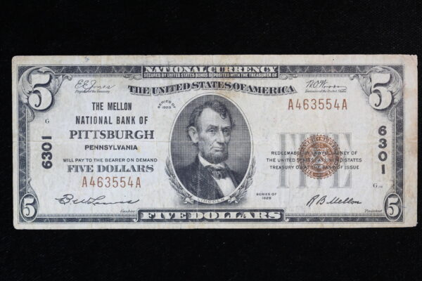 1929 $5 National T1 The Melon Nat Bank of Pittsburgh PA #6301 Fr. 1800-1  4VWB