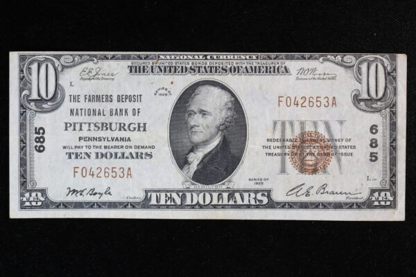 1929 $10 National T1 The Farmers Deposit of Pittsburgh PA  #685 XF+ 4119