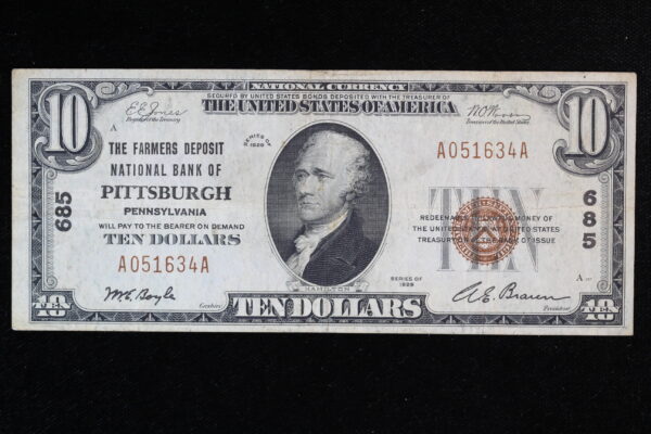 1929 $10 National T1 The Farmers Deposit of Pittsburgh PA  #685 Fr. 1801-148QZ