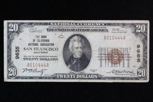 1929 $20 National T1 The Bank of CA NatAss SanFrancisco CA #9655 Fr. 1802-1 4GGS