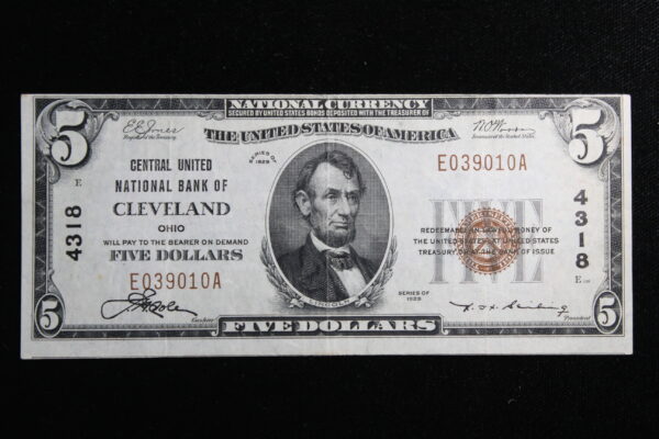 1929 $5 National T1 Central United NatBank of Cleveland Ohio 4318 XF 4O6S